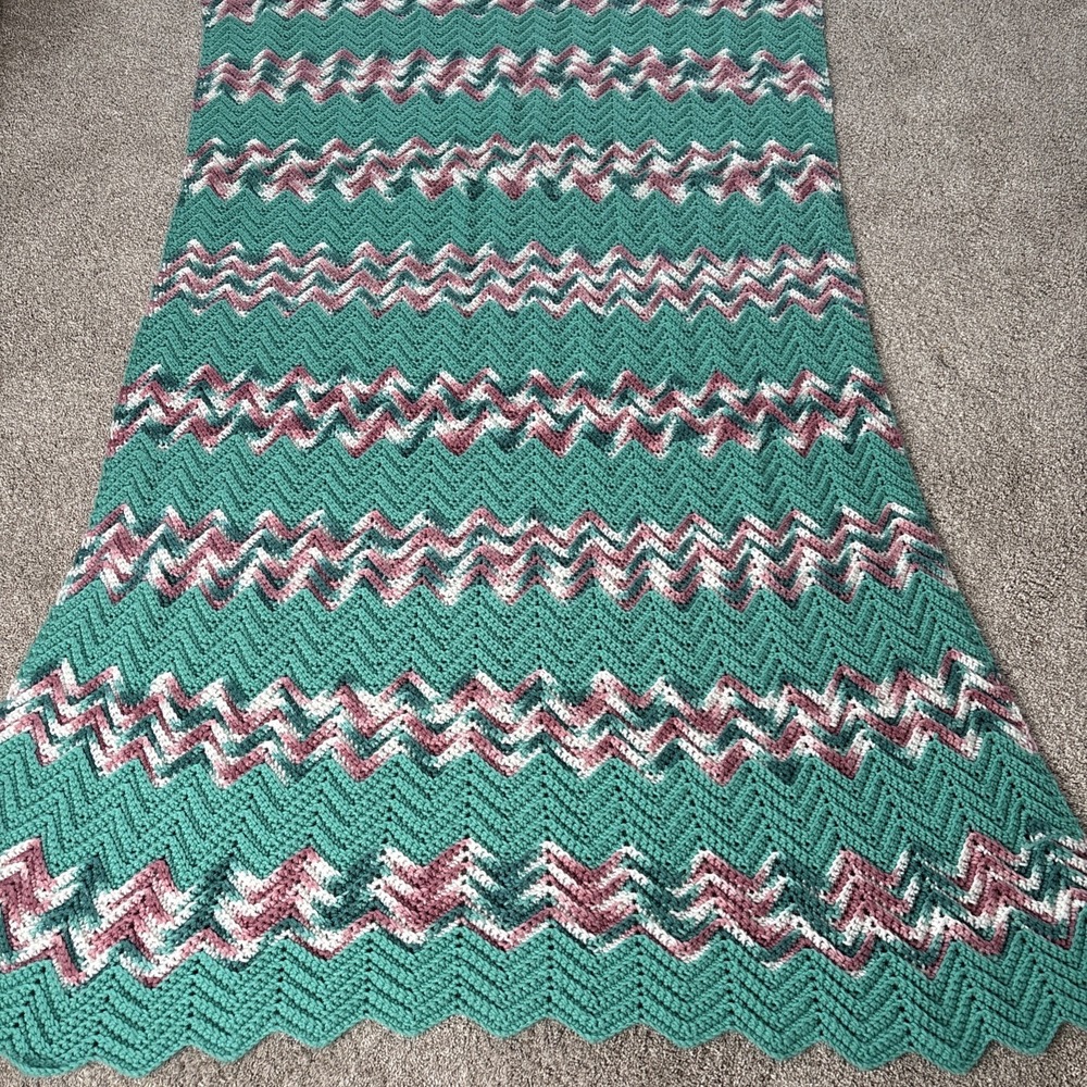 Handmade Crochet‎ AFGHAN Knit Chevron Zig Zag Blanket Throw Teal Pink White
